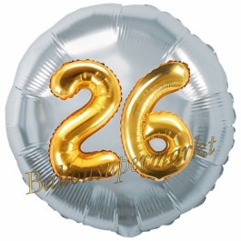 Runder Luftballon Jumbo Zahl 26, silber-gold mit 3D-Effekt zum 26. Geburtstag