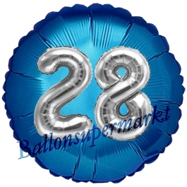 Runder Luftballon Jumbo Zahl 28, blau-silber mit 3D-Effekt zum 28. Geburtstag