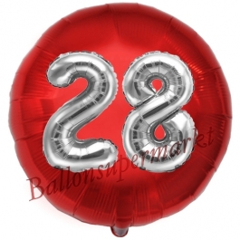 Runder Luftballon Jumbo Zahl 28, rot-silber mit 3D-Effekt zum 28. Geburtstag