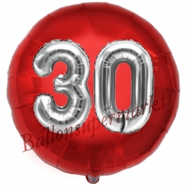 Runder Luftballon Jumbo Zahl 30, rot-silber mit 3D-Effekt zum 30. Geburtstag