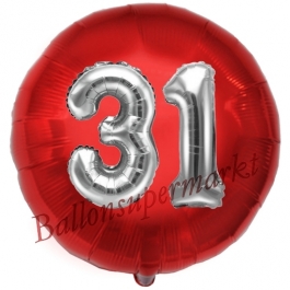 Runder Luftballon Jumbo Zahl 31, rot-silber mit 3D-Effekt zum 31. Geburtstag