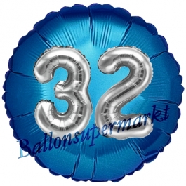 Runder Luftballon Jumbo Zahl 32, blau-silber mit 3D-Effekt zum 32. Geburtstag