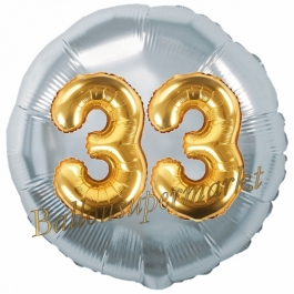 Runder Luftballon Jumbo Zahl 33, silber-gold mit 3D-Effekt zum 33. Geburtstag