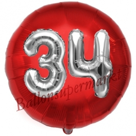 Runder Luftballon Jumbo Zahl 34, rot-silber mit 3D-Effekt zum 34. Geburtstag