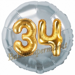 Runder Luftballon Jumbo Zahl 34, silber-gold mit 3D-Effekt zum 34. Geburtstag