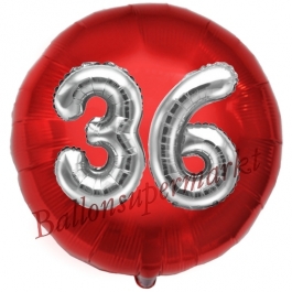 Runder Luftballon Jumbo Zahl 36, rot-silber mit 3D-Effekt zum 36. Geburtstag