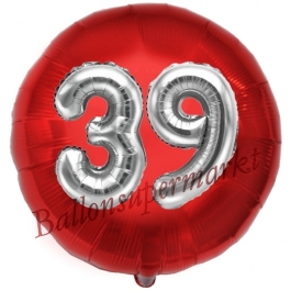 Runder Luftballon Jumbo Zahl 39, rot-silber mit 3D-Effekt zum 39. Geburtstag