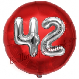 Runder Luftballon Jumbo Zahl 42, rot-silber mit 3D-Effekt zum 42. Geburtstag