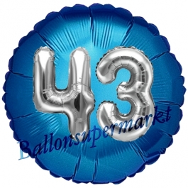 Runder Luftballon Jumbo Zahl 43, blau-silber mit 3D-Effekt zum 43. Geburtstag