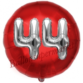 Runder Luftballon Jumbo Zahl 44, rot-silber mit 3D-Effekt zum 44. Geburtstag