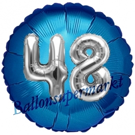 Runder Luftballon Jumbo Zahl 48, blau-silber mit 3D-Effekt zum 48. Geburtstag