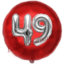 Runder Luftballon Jumbo Zahl 49, rot-silber mit 3D-Effekt zum 49. Geburtstag