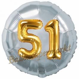 Runder Luftballon Jumbo Zahl 51, silber-gold mit 3D-Effekt zum 51. Geburtstag