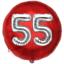Runder Luftballon Jumbo Zahl 55, rot-silber mit 3D-Effekt zum 55. Geburtstag