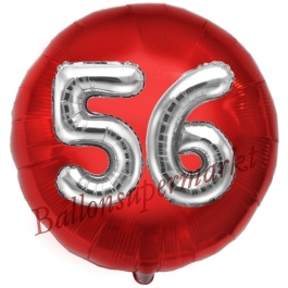 Runder Luftballon Jumbo Zahl 56, rot-silber mit 3D-Effekt zum 56. Geburtstag