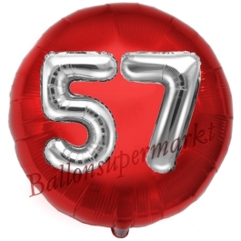 Runder Luftballon Jumbo Zahl 57, rot-silber mit 3D-Effekt zum 57. Geburtstag