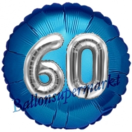 Runder Luftballon Jumbo Zahl 60, blau-silber mit 3D-Effekt zum 60. Geburtstag
