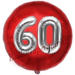 Runder Luftballon Jumbo Zahl 60, rot-silber mit 3D-Effekt zum 60. Geburtstag