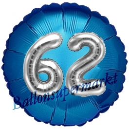 Runder Luftballon Jumbo Zahl 62, blau-silber mit 3D-Effekt zum 62. Geburtstag