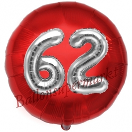 Runder Luftballon Jumbo Zahl 62, rot-silber mit 3D-Effekt zum 62. Geburtstag