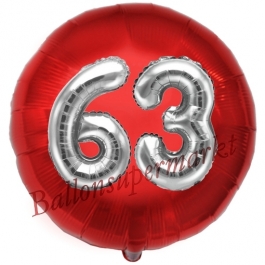 Runder Luftballon Jumbo Zahl 63, rot-silber mit 3D-Effekt zum 63. Geburtstag