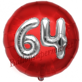 Runder Luftballon Jumbo Zahl 64, rot-silber mit 3D-Effekt zum 64. Geburtstag