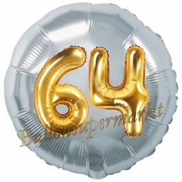 Runder Luftballon Jumbo Zahl 64, silber-gold mit 3D-Effekt zum 64. Geburtstag