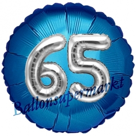 Runder Luftballon Jumbo Zahl 65, blau-silber mit 3D-Effekt zum 65. Geburtstag