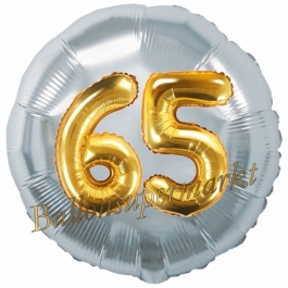 Runder Luftballon Jumbo Zahl 65, silber-gold mit 3D-Effekt zum 65. Geburtstag