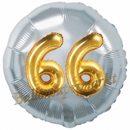 Runder Luftballon Jumbo Zahl 66, silber-gold mit 3D-Effekt zum 66. Geburtstag