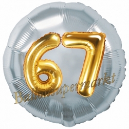 Runder Luftballon Jumbo Zahl 67, silber-gold mit 3D-Effekt zum 67. Geburtstag