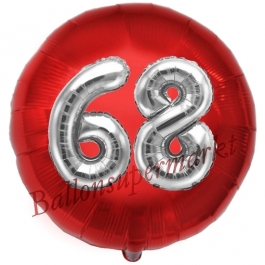 Runder Luftballon Jumbo Zahl 68, rot-silber mit 3D-Effekt zum 68. Geburtstag