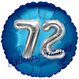 Runder Luftballon Jumbo Zahl 72, blau-silber mit 3D-Effekt zum 72. Geburtstag