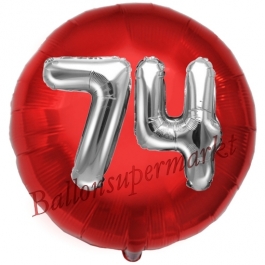 Runder Luftballon Jumbo Zahl 74, rot-silber mit 3D-Effekt zum 74. Geburtstag