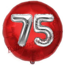 Runder Luftballon Jumbo Zahl 75, rot-silber mit 3D-Effekt zum 75. Geburtstag