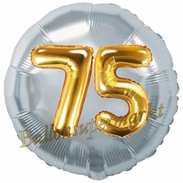 Runder Luftballon Jumbo Zahl 75, silber-gold mit 3D-Effekt zum 75. Geburtstag