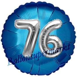 Runder Luftballon Jumbo Zahl 76, blau-silber mit 3D-Effekt zum 76. Geburtstag