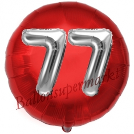 Runder Luftballon Jumbo Zahl 77, rot-silber mit 3D-Effekt zum 77. Geburtstag
