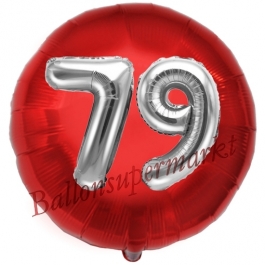 Runder Luftballon Jumbo Zahl 79, rot-silber mit 3D-Effekt zum 79. Geburtstag