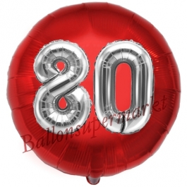 Runder Luftballon Jumbo Zahl 80, rot-silber mit 3D-Effekt zum 80. Geburtstag