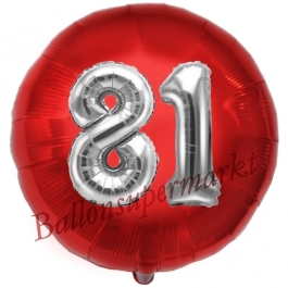 Runder Luftballon Jumbo Zahl 81, rot-silber mit 3D-Effekt zum 81. Geburtstag