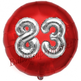 Runder Luftballon Jumbo Zahl 83, rot-silber mit 3D-Effekt zum 83. Geburtstag