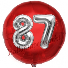 Runder Luftballon Jumbo Zahl 87, rot-silber mit 3D-Effekt zum 87. Geburtstag