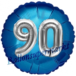 Runder Luftballon Jumbo Zahl 90, blau-silber mit 3D-Effekt zum 90. Geburtstag