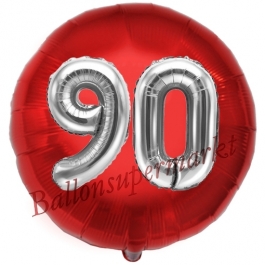 Runder Luftballon Jumbo Zahl 90, rot-silber mit 3D-Effekt zum 90. Geburtstag