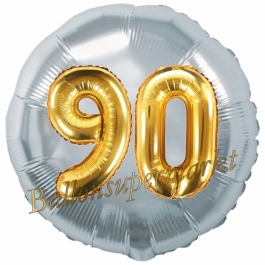 Runder Luftballon Jumbo Zahl 90, silber-gold mit 3D-Effekt zum 90. Geburtstag