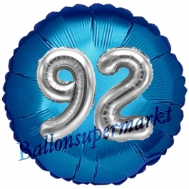Runder Luftballon Jumbo Zahl 92, blau-silber mit 3D-Effekt zum 92. Geburtstag