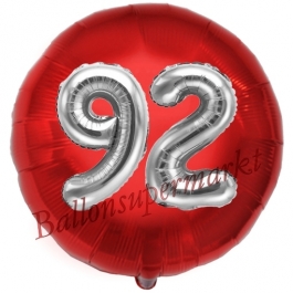 Runder Luftballon Jumbo Zahl 92, rot-silber mit 3D-Effekt zum 92. Geburtstag