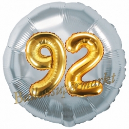 Runder Luftballon Jumbo Zahl 92, silber-gold mit 3D-Effekt zum 92. Geburtstag