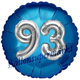Runder Luftballon Jumbo Zahl 93, blau-silber mit 3D-Effekt zum 93. Geburtstag